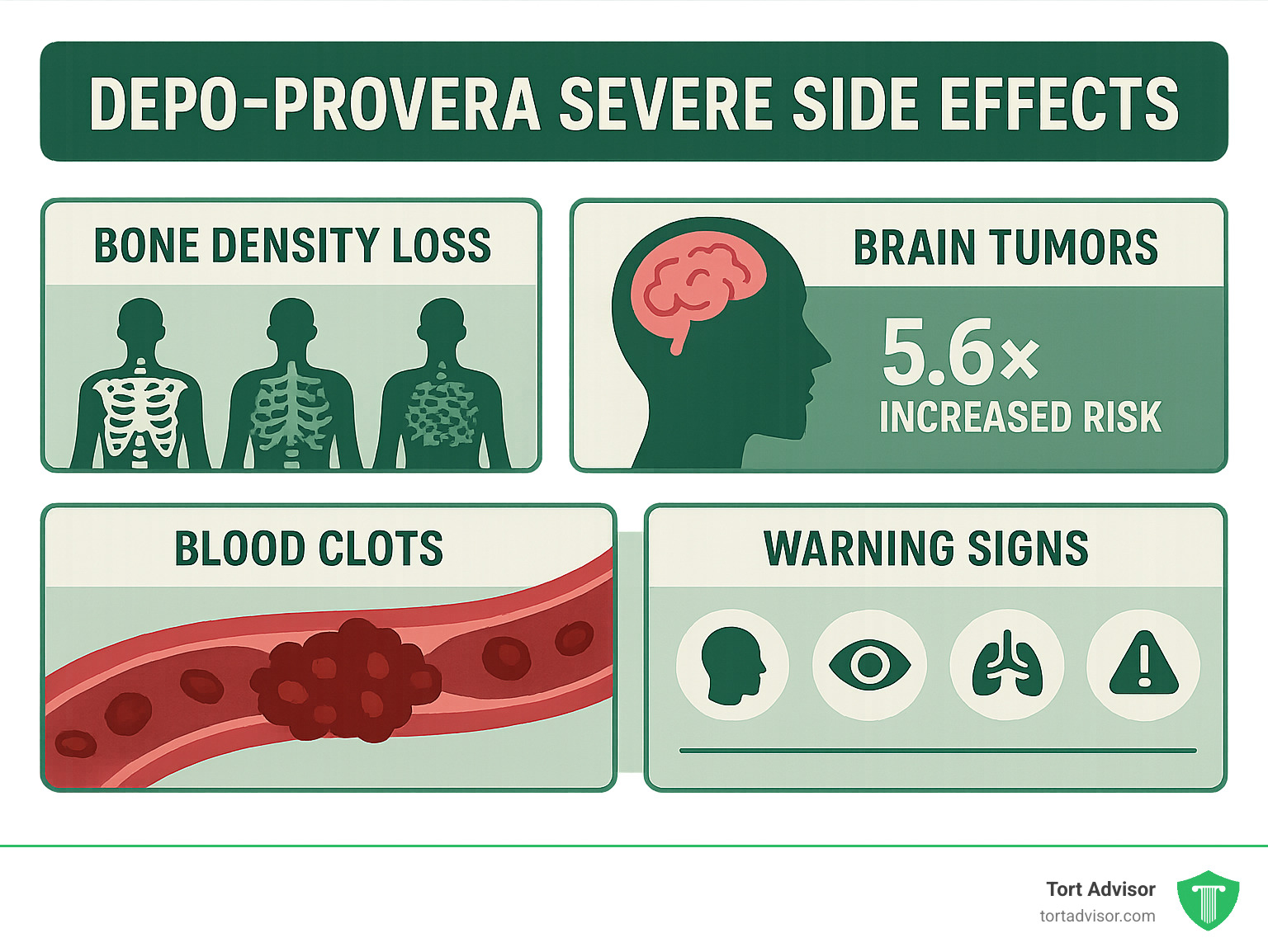 Detailed comparison of Depo-Provera severe side effects showing bone density loss progression, brain tumor risk statistics, blood clot formation process, and warning signs requiring immediate medical attention - Depo Provera severe side effects infographic 