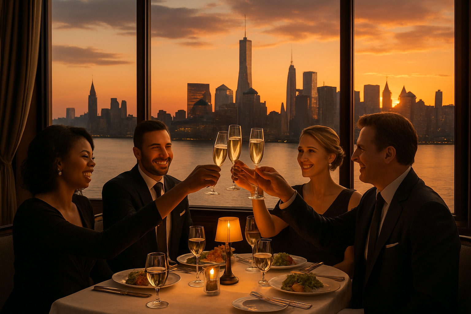 Blu on the Hudson diners enjoying sunset dinner with champagne toast - blu on the hudson