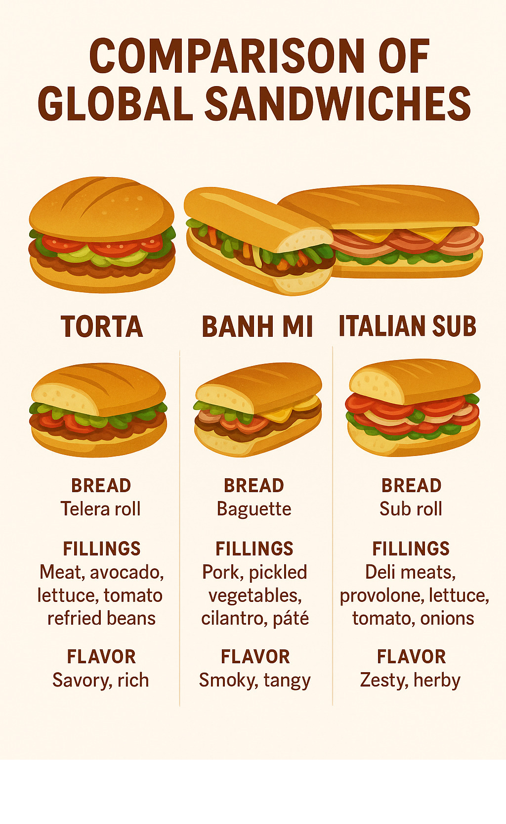 Comparison of global sandwiches showing torta vs banh mi vs Cuban sandwich vs Italian sub with details on bread types, fillings, and flavor profiles - tortas infographic 