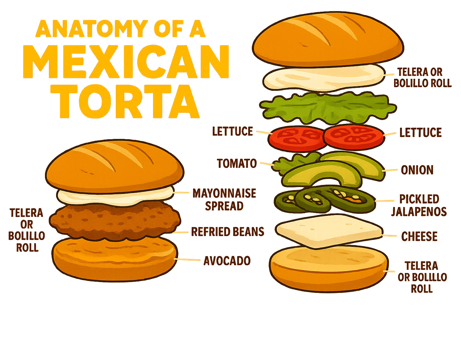 Anatomy of a Mexican Torta showing the layers of a traditional torta with labeled ingredients including: telera or bolillo roll at top and bottom, mayonnaise spread, refried beans, meat filling (milanesa, carnitas, ham, etc.), avocado, lettuce, tomato, onion, pickled jalapeños, and cheese - tortas infographic 