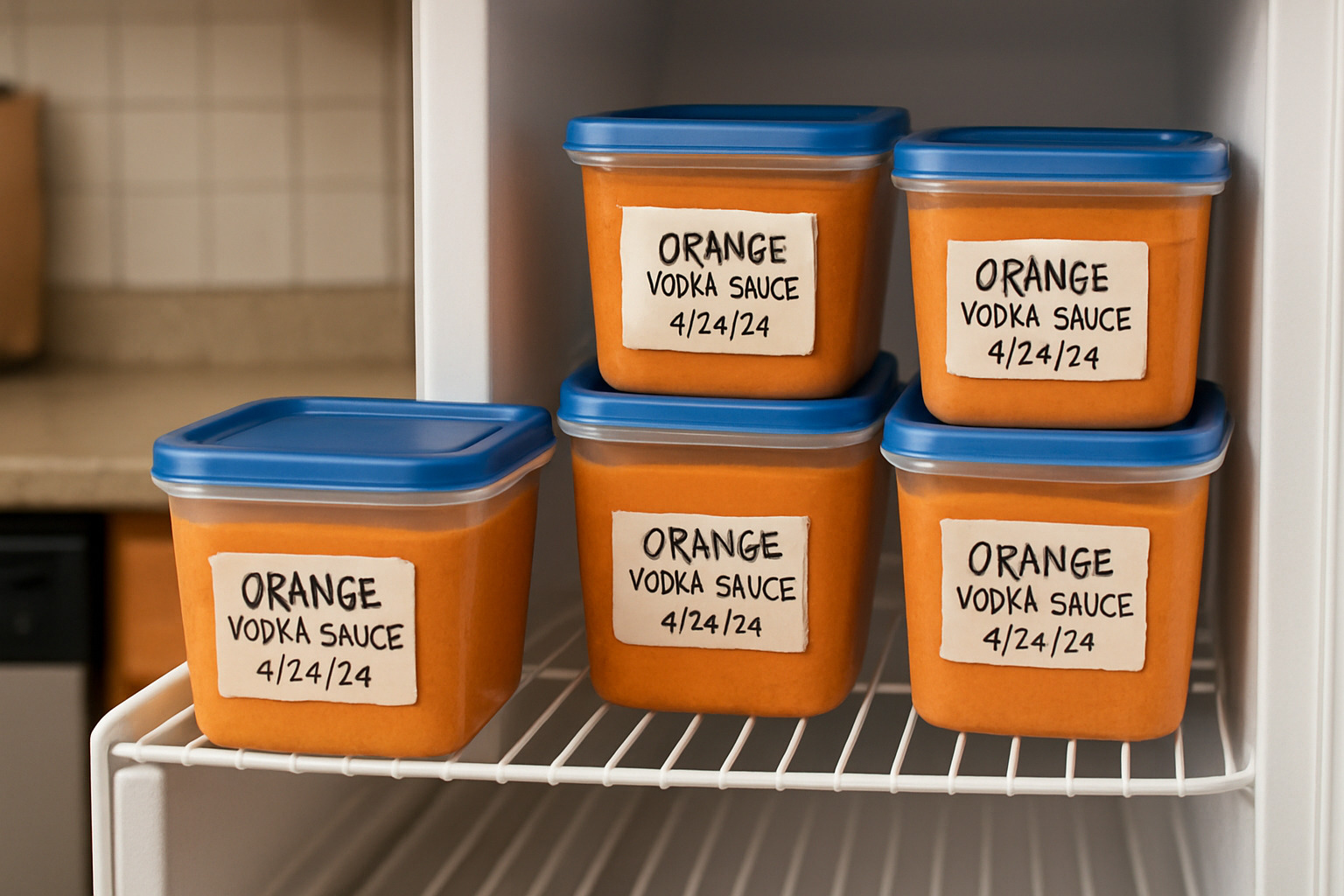 Freezer containers with vodka sauce labeled with dates - vodka sauce