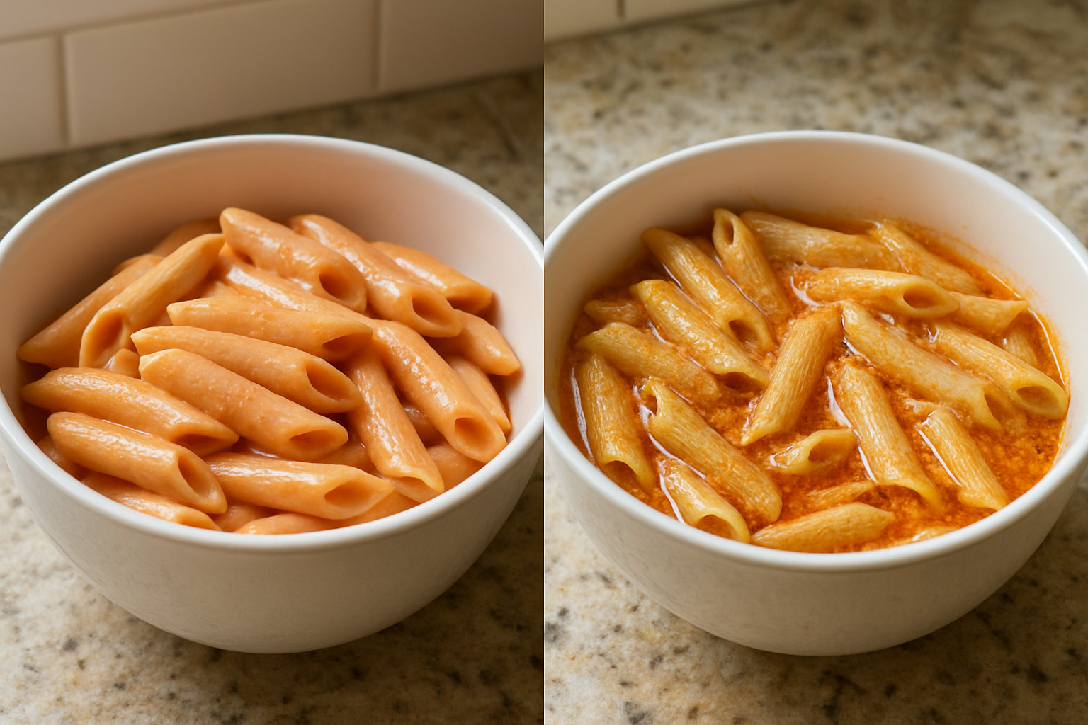 comparison of creamy well-emulsified vodka sauce versus broken separated sauce - vodka sauce