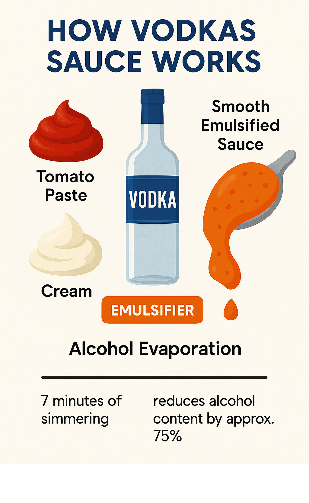 Diagram showing how vodka sauce works: tomato paste and cream on left side, vodka in middle as emulsifier, resulting in smooth emulsified sauce on right side. Timeline shows alcohol evaporation (7 minutes of simmering reduces alcohol content by approximately 75%) - vodka sauce infographic 
