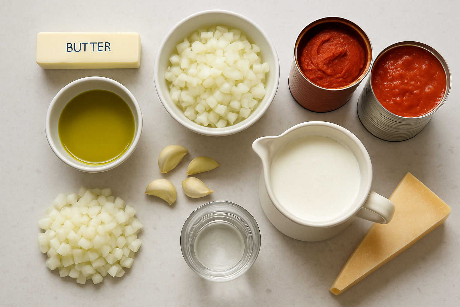 ingredients for vodka sauce including butter, onion, garlic, tomato paste, crushed tomatoes, vodka, heavy cream, parmesan cheese - vodka sauce