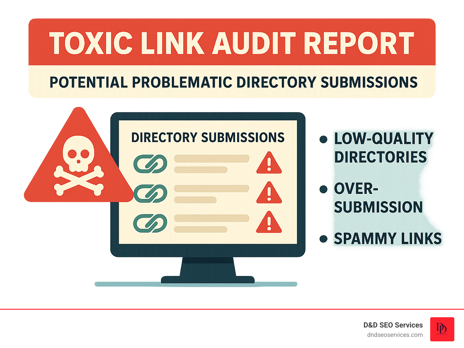 Toxic link audit report showing potential problematic directory submissions - business directory submission sites infographic Toxic link audit report showing potential problematic directory submissions - business directory submission sites infographic