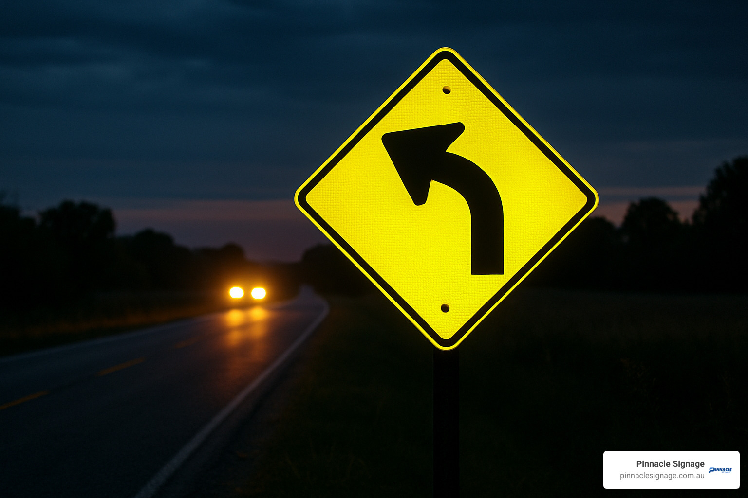 Fluorescent curve warning sign clearly visible at dusk with headlight illumination showing improved reflectivity - danger warning road signs