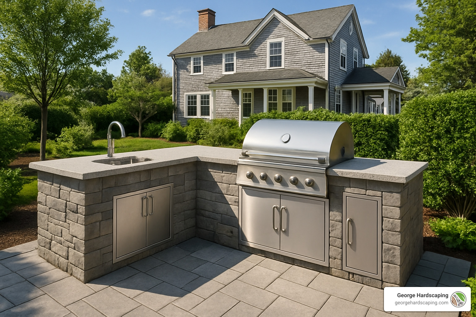 L-shaped outdoor kitchen with stone countertops and built-in grill - Custom outdoor kitchen builder