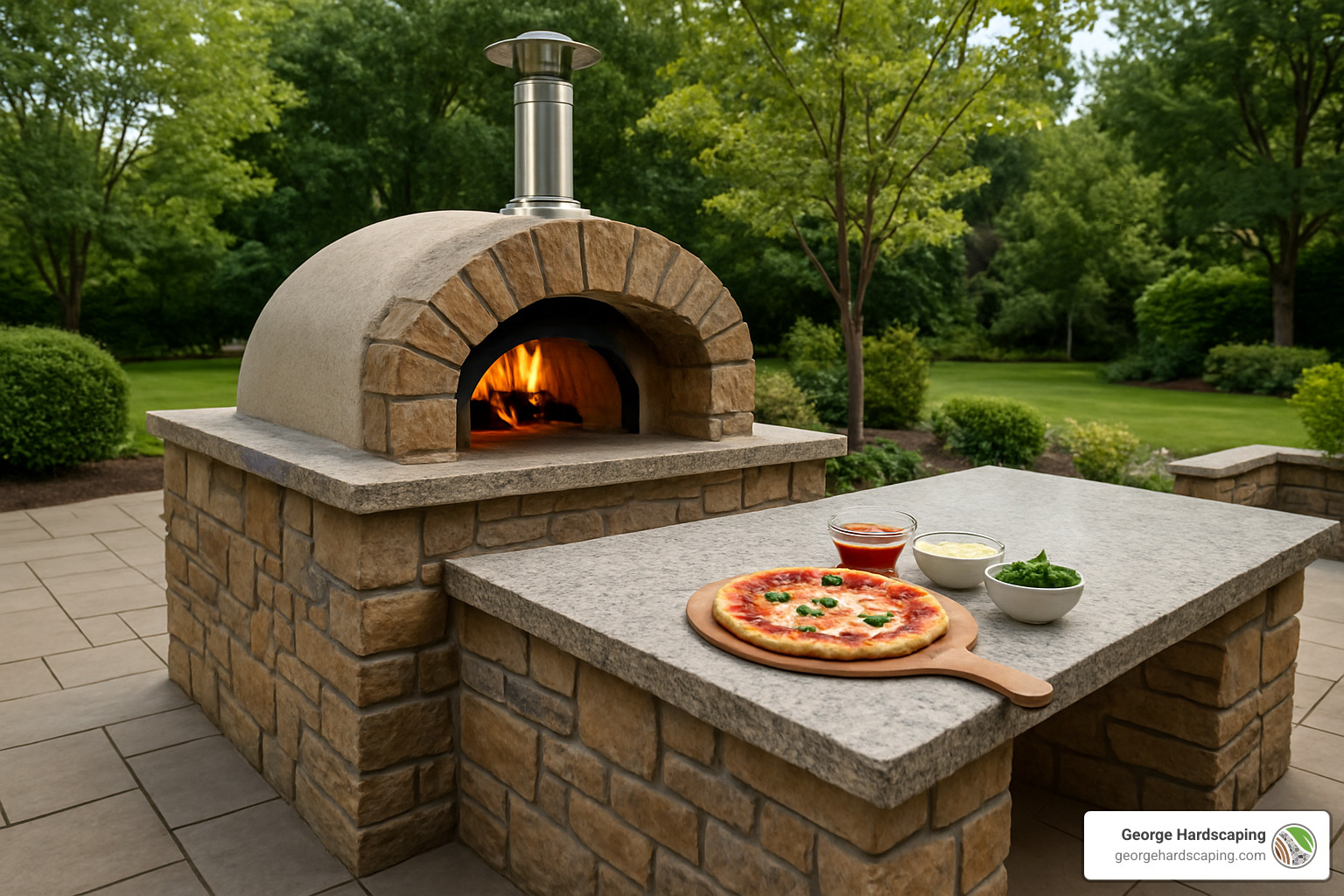 Built-in pizza oven with stone surround and prep counter - Custom outdoor kitchen builder
