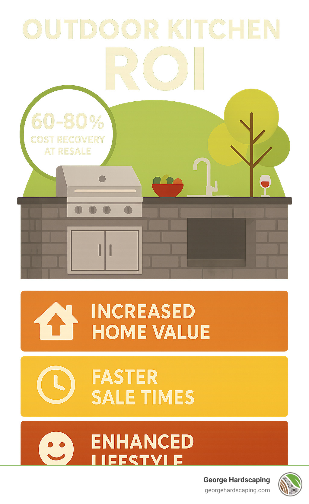 Infographic showing outdoor kitchen ROI: 60-80% cost recovery at resale, increased home value, faster sale times, and improved lifestyle benefits - Custom outdoor kitchen builder infographic 