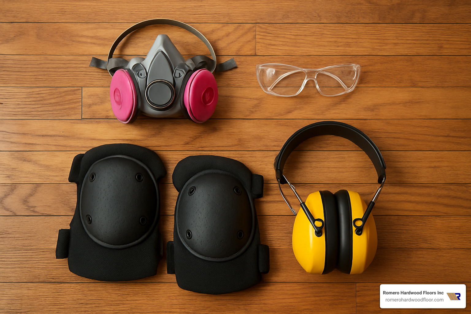 layout of personal protective equipment for floor refinishing including respirator, safety glasses, knee pads, and ear protection - can you refinish prefinished hardwood floors