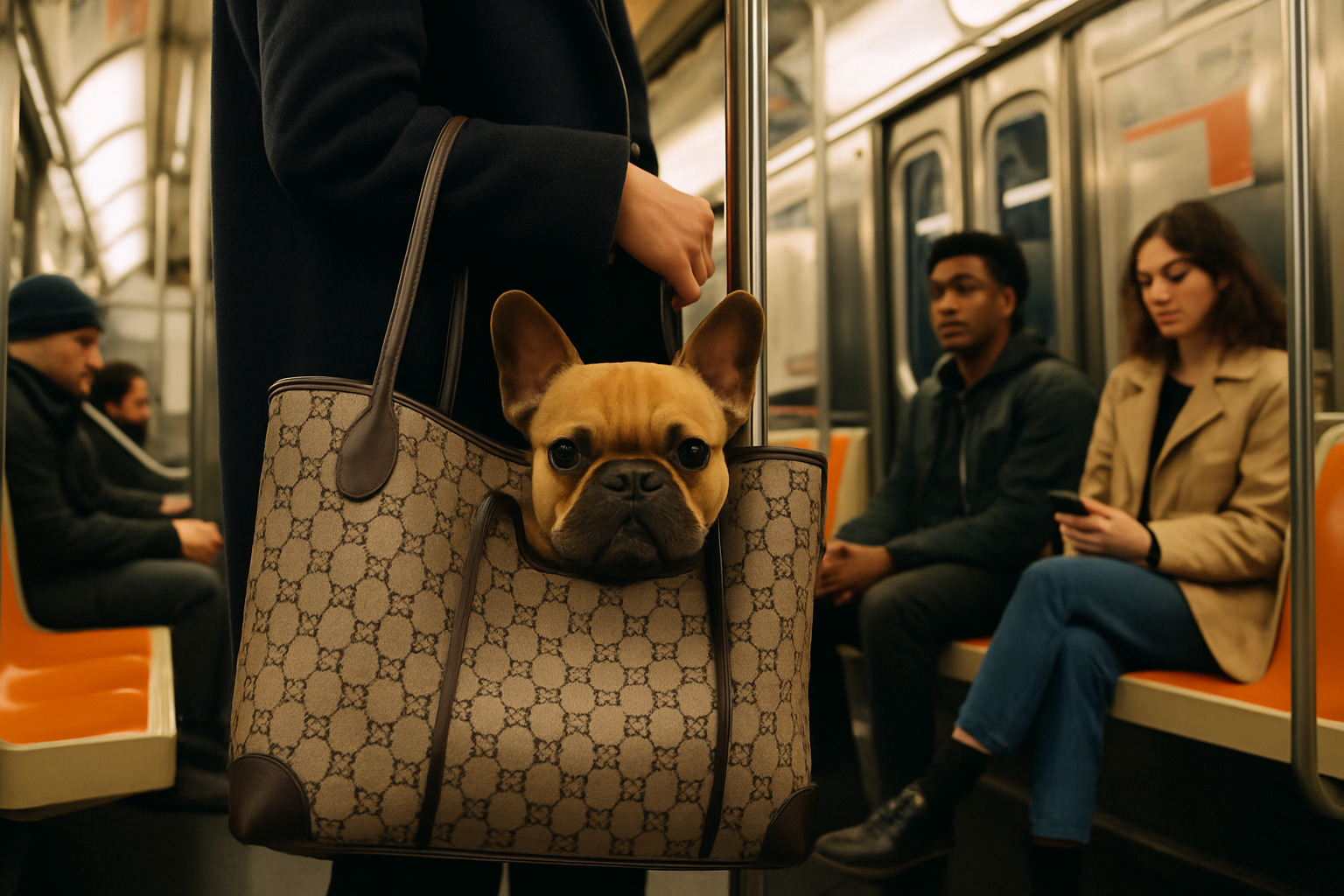 tote being used on subway with small dog looking out - designer dog tote