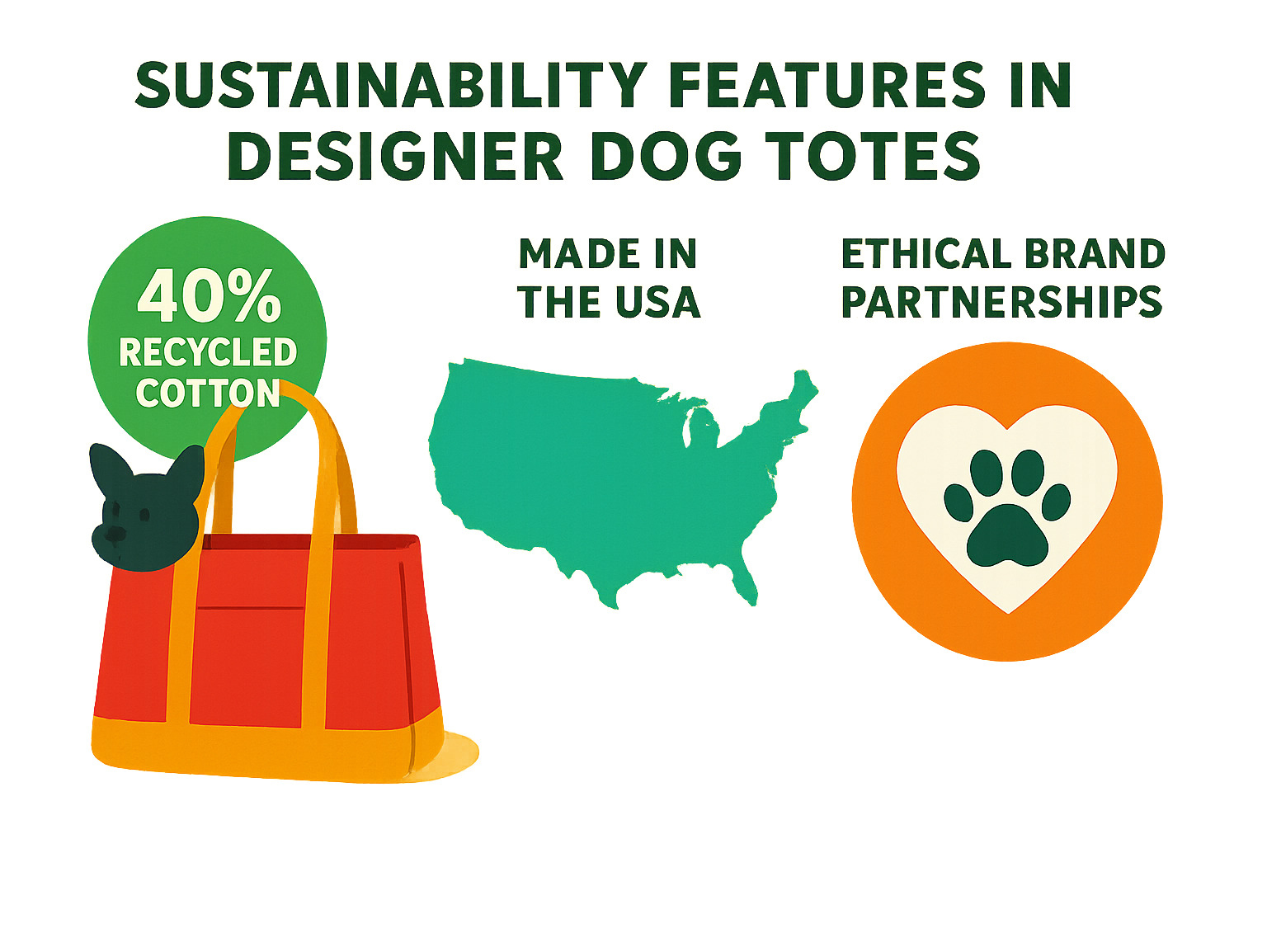 Infographic showing sustainability features in designer dog totes, including recycled materials percentages, manufacturing locations, and ethical brand partnerships - designer dog tote infographic