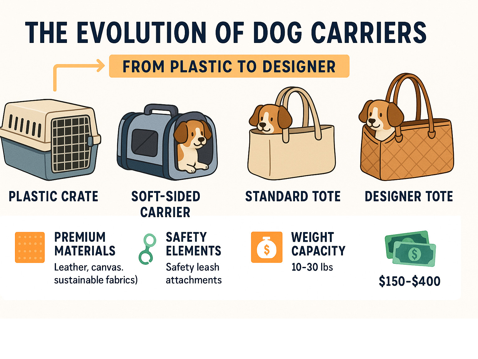 Infographic showing the evolution of dog carriers from basic plastic crates to modern designer totes, highlighting key features like materials, safety elements, weight capacities, and price ranges across different luxury brands - designer dog tote infographic