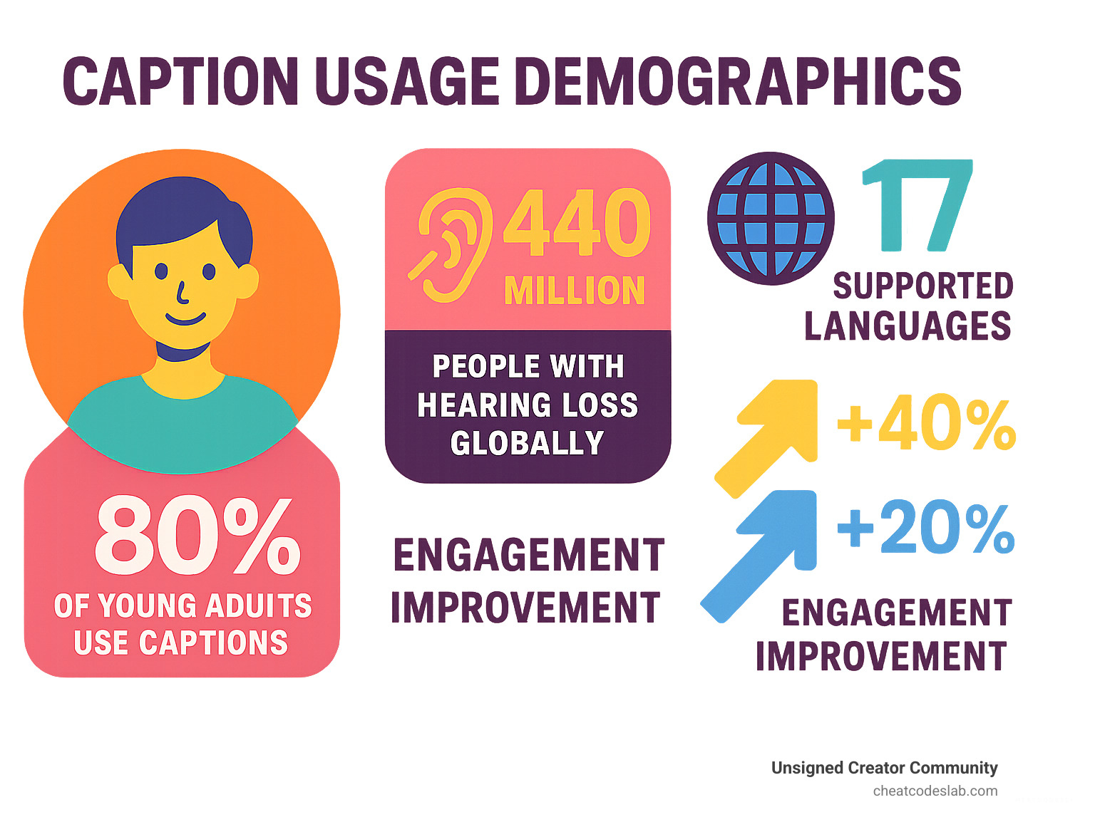 Statistical infographic displaying caption usage demographics, showing 80% of young adults use captions, 440 million people with hearing loss globally, and 17 supported languages with engagement improvement percentages - closed caption instagram infographic 