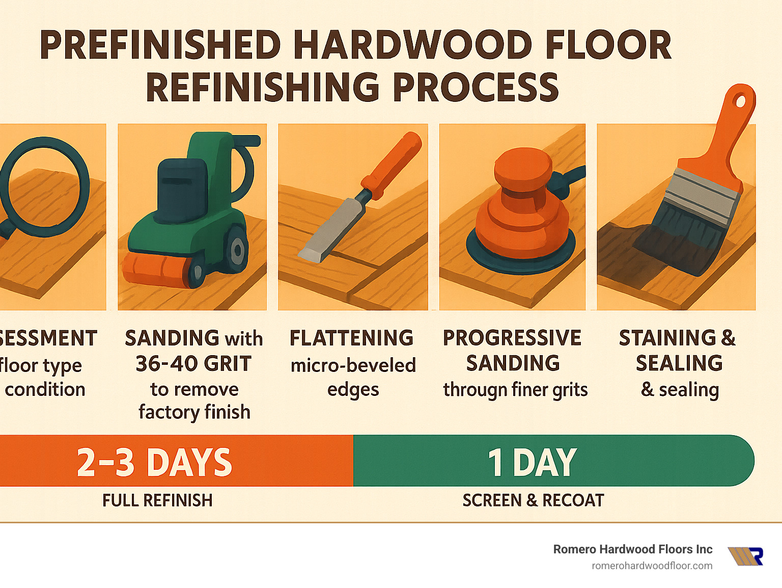 Infographic showing prefinished hardwood floor refinishing process: Assessment of floor type and condition, sanding with 36-40 grit to remove factory finish, flattening micro-beveled edges, progressive sanding through finer grits, staining and sealing, with timeline showing 2-3 days for full refinish versus 1 day for screen and recoat - can you refinish prefinished hardwood floors infographic