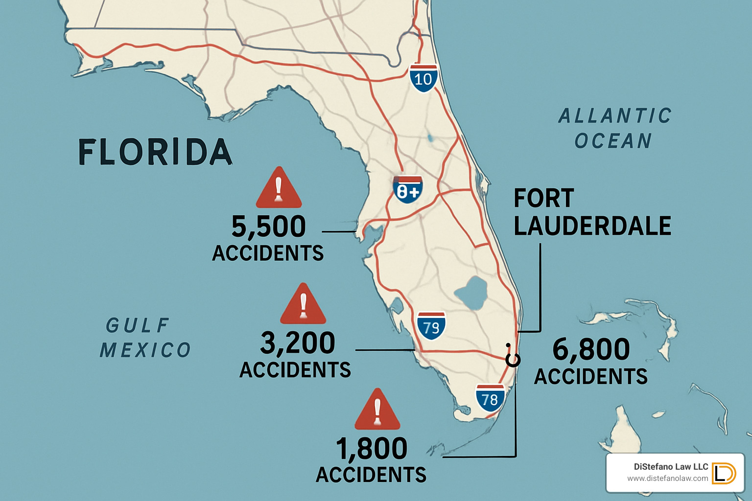Florida map highlighting Fort Lauderdale with major highways and accident statistics - car accident attorney fort lauderdale
