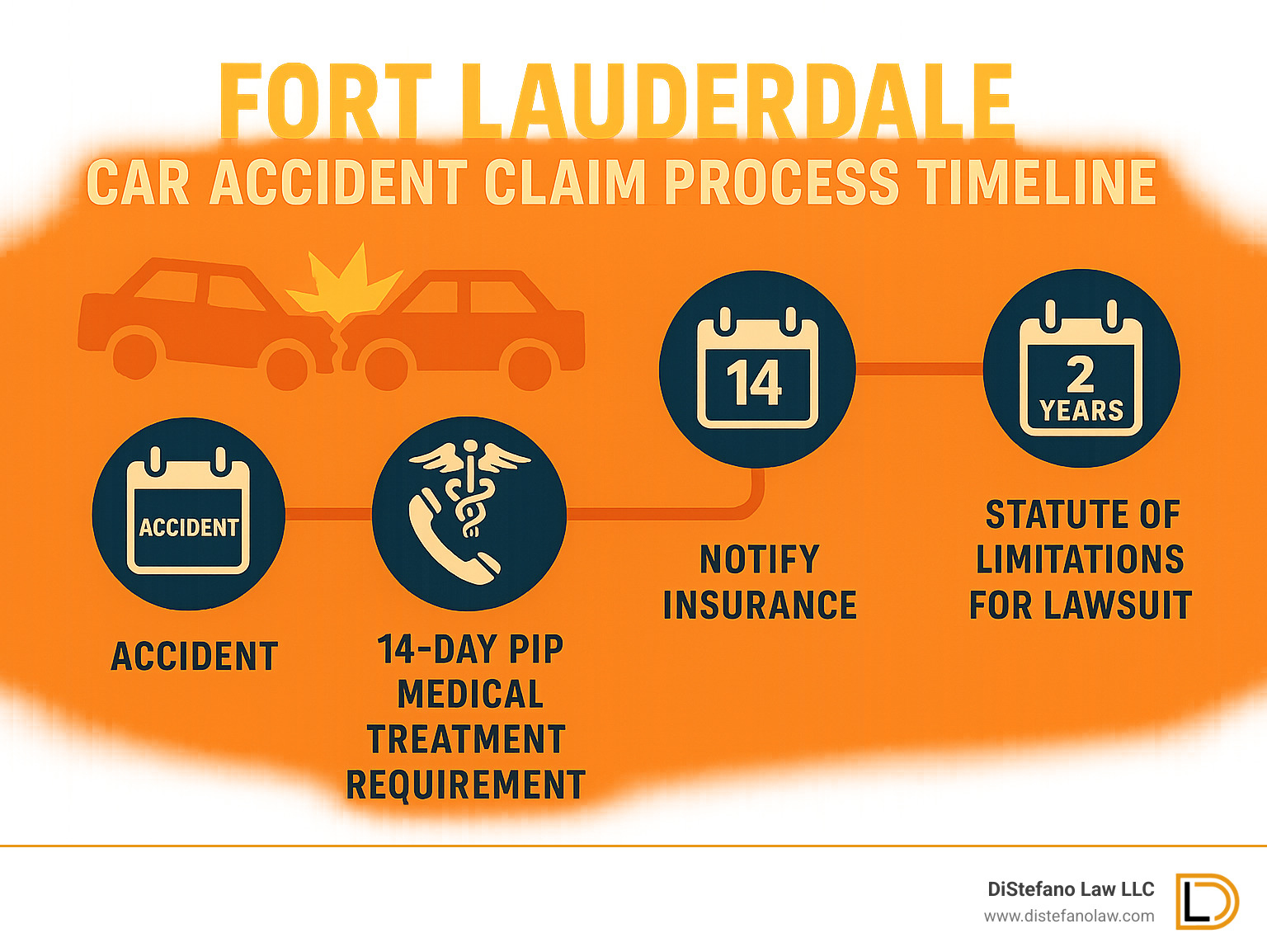 Fort Lauderdale car accident claim process timeline showing key deadlines from accident to settlement, including 14-day PIP medical treatment requirement, insurance notification deadlines, and 2-year statute of limitations for filing lawsuit - car accident attorney fort lauderdale infographic 
