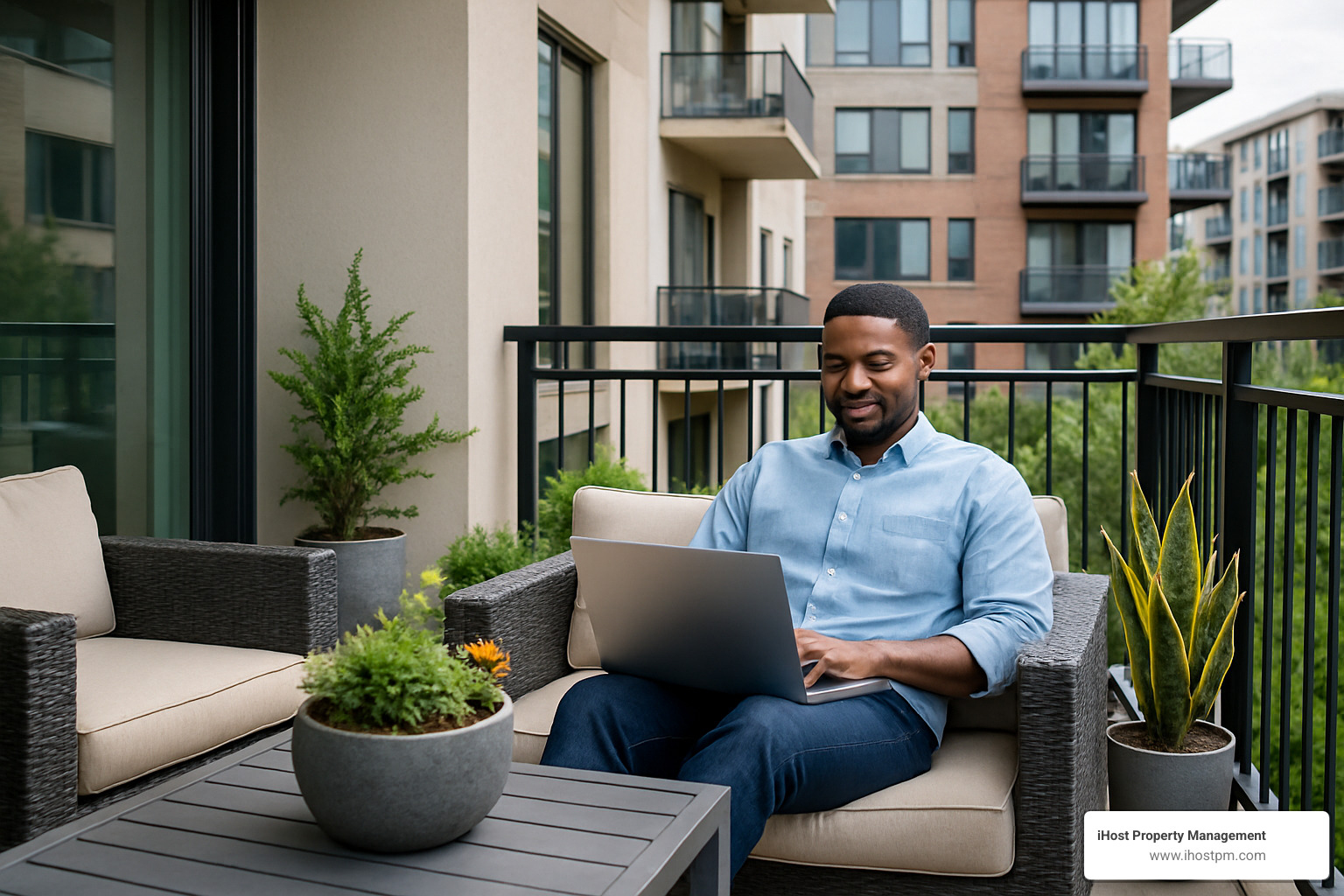 settled employee working remotely on patio in comfortable corporate housing environment - corporate housing relocation