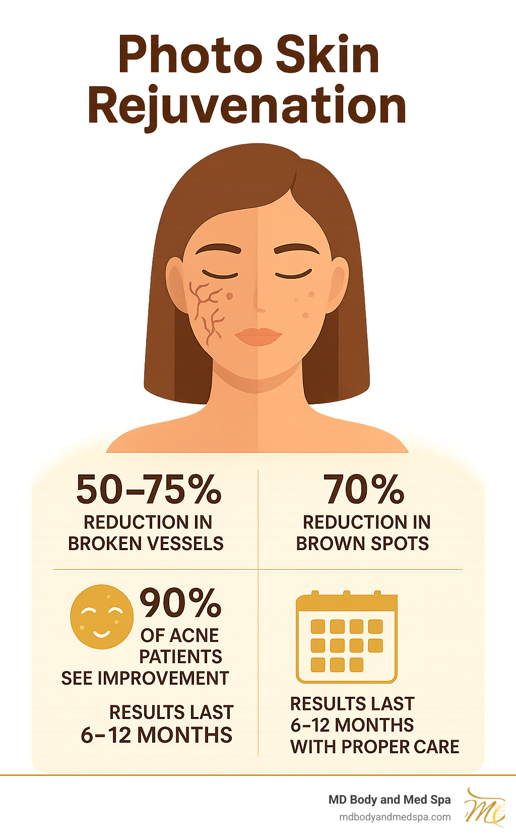 Infographic showing photo skin rejuvenation results: 50-75% reduction in broken vessels, 70% reduction in brown spots, 90% of acne patients see improvement, results last 6-12 months with proper care - photo skin rejuvenation infographic 