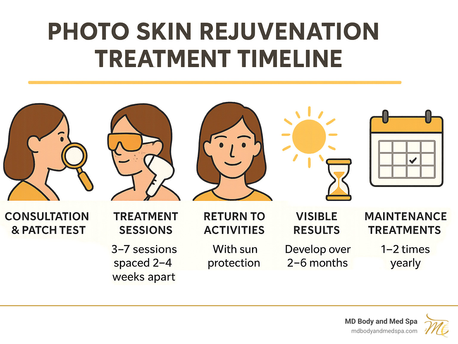 Infographic showing photo skin rejuvenation treatment timeline: consultation and patch test, 3-7 treatment sessions spaced 2-4 weeks apart, immediate return to activities with sun protection, visible results developing over 2-6 months, maintenance treatments 1-2 times yearly - photo skin rejuvenation infographic 