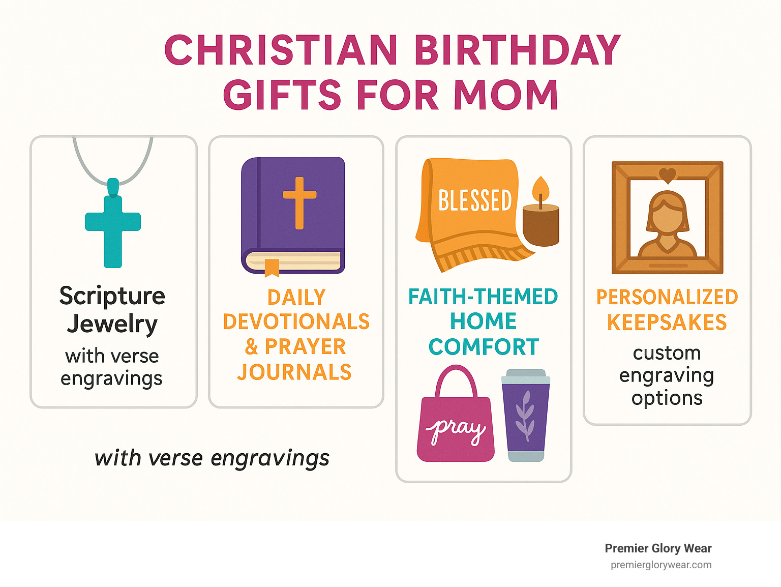 Infographic showing the most popular Christian birthday gift categories for moms, including jewelry with scripture verses, daily devotionals and prayer journals, faith-themed home comfort items like blankets and candles, inspirational everyday accessories, and personalized keepsakes with custom engraving options - christian birthday gifts for mom infographic