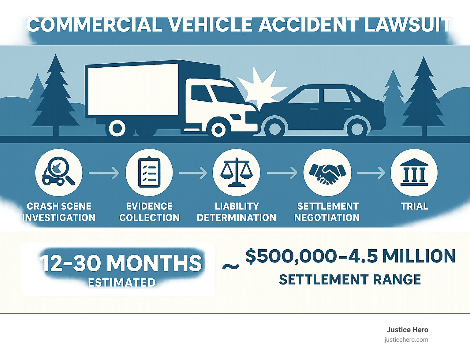 Infographic showing the commercial vehicle accident lawsuit process from crash scene investigation through evidence collection, liability determination, settlement negotiation, and potential trial, with typical timelines of 12-30 months and settlement ranges of $500,000 to $4.5 million depending on injury severity and case complexity - commercial vehicle accident lawsuit infographic