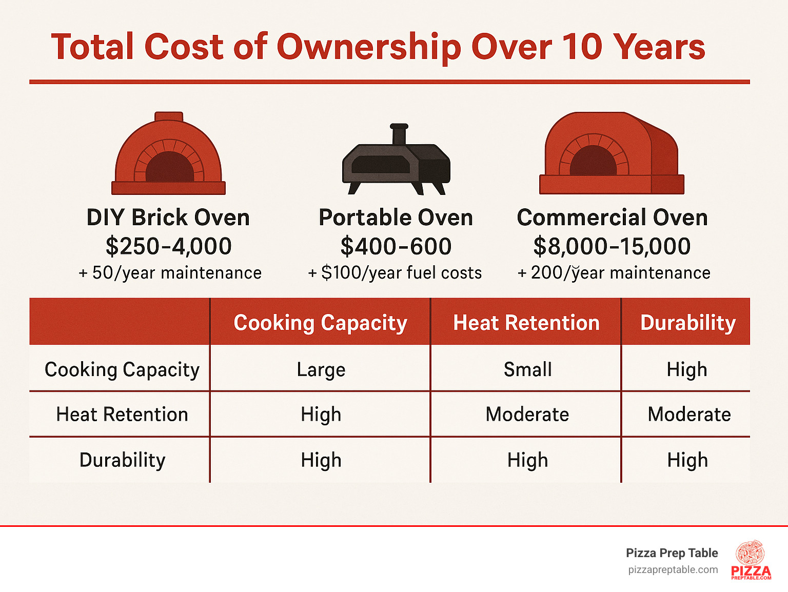 Comparative cost analysis infographic showing total cost of ownership over 10 years for DIY brick oven ($250-4000 initial + $50/year maintenance) versus portable ovens ($400-600 initial + $100/year fuel costs) versus commercial ovens ($8000-15000 initial + $200/year maintenance), including factors like cooking capacity, heat retention, and durability - how do i build a pizza oven infographic 