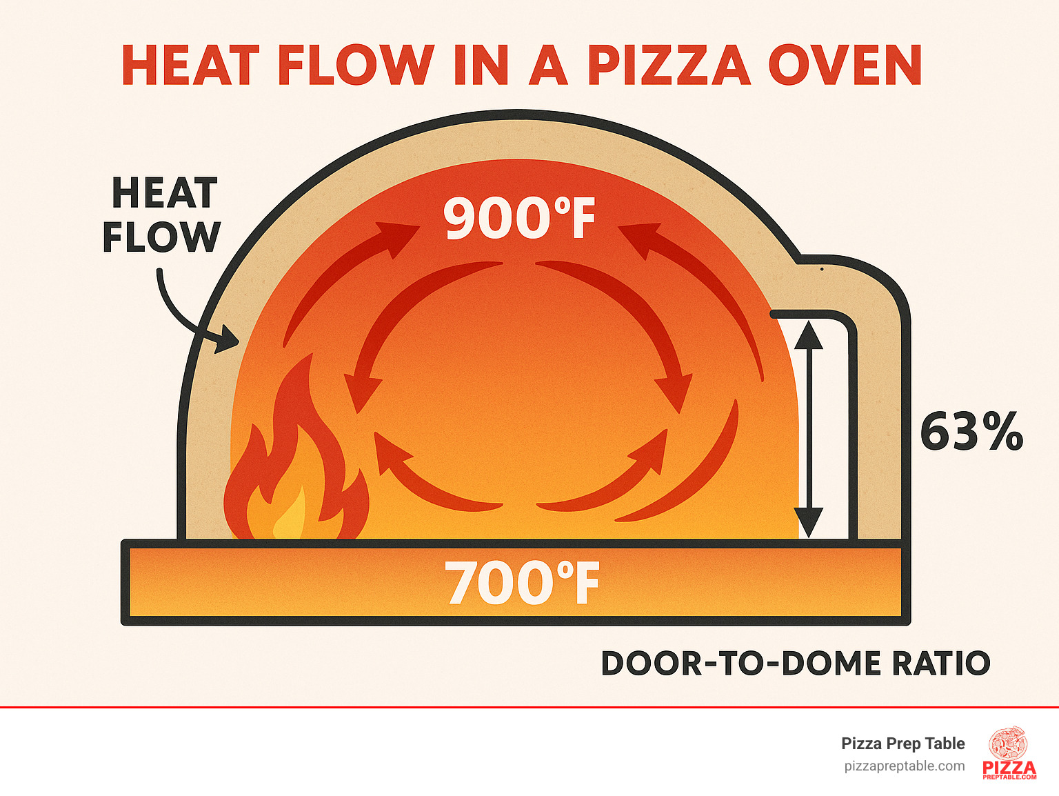 Comprehensive infographic showing heat flow patterns inside a properly designed pizza oven dome, with arrows indicating air circulation, temperature zones from 900°F at the dome top to 700°F at the floor, and the critical 63% door-to-dome ratio that enables optimal combustion and heat retention - how do i build a pizza oven infographic 