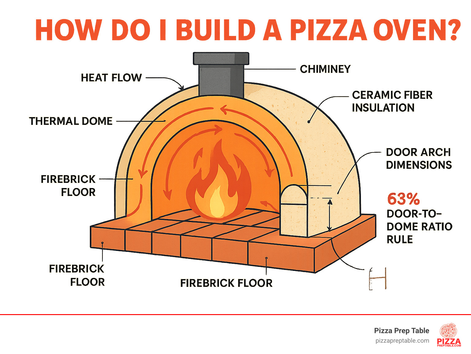 Detailed cross-section diagram showing pizza oven anatomy with labeled components including firebrick floor, thermal dome layer, ceramic fiber insulation, chimney placement, door arch dimensions, and heat flow patterns demonstrating the 63% door-to-dome ratio rule - how do i build a pizza oven infographic 