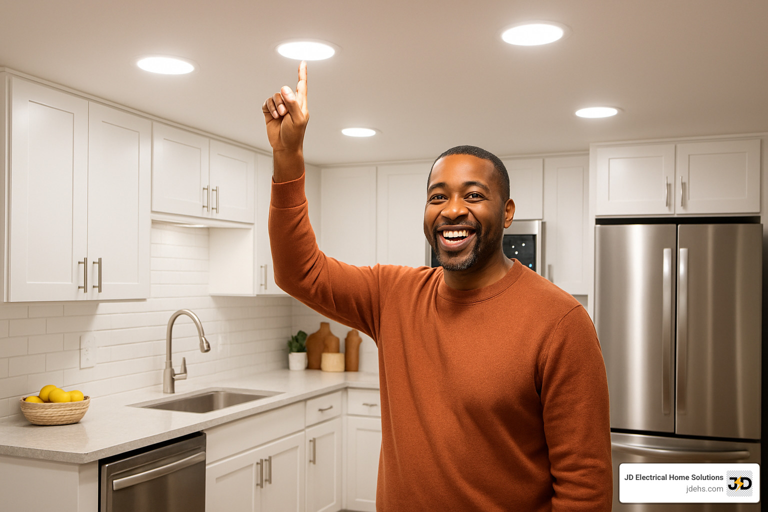Happy homeowner switching on new LED lights in renovated kitchen - affordable electrical services Denver