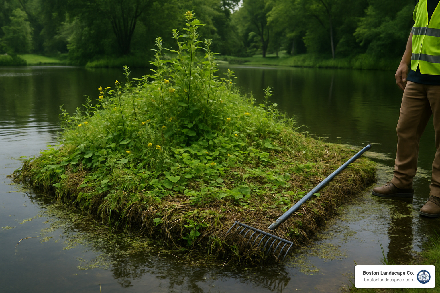 overgrown floating wetland mat requiring maintenance - Wetland Maintenance