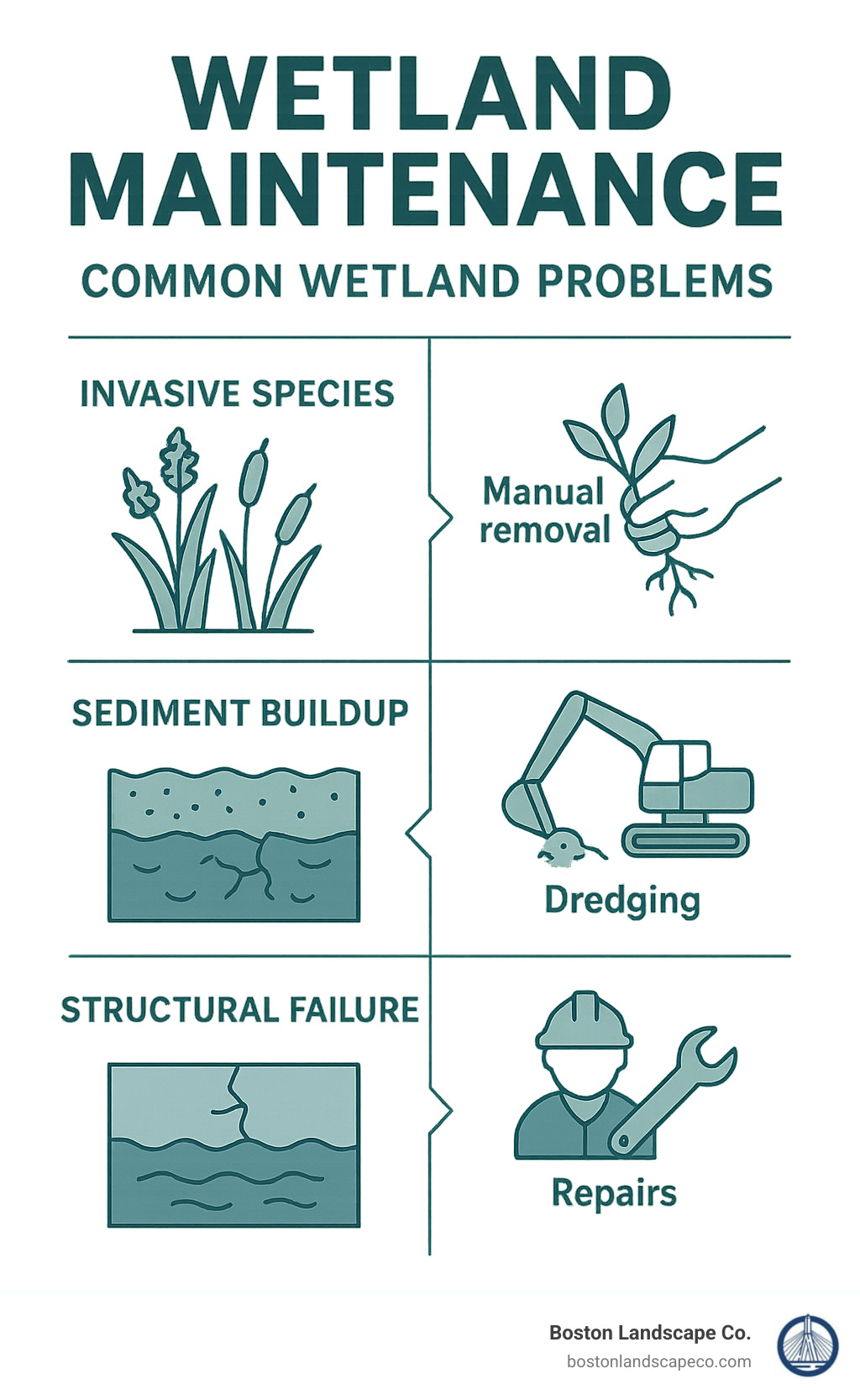 Common wetland problems showing invasive species indicators, sediment buildup warning signs, structural failure symptoms, and corresponding solutions for each issue - Wetland Maintenance infographic 