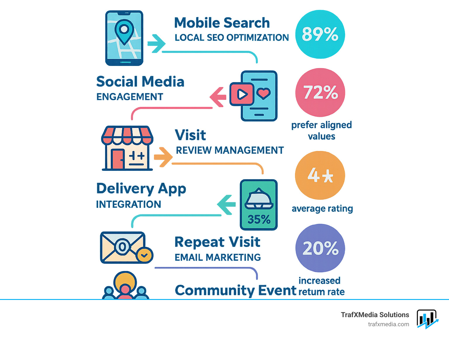 Comprehensive San Francisco restaurant marketing strategy showing the customer journey from mobile search to repeat visits, including local SEO optimization, social media engagement, review management, delivery app integration, email marketing, and community event participation with specific metrics for each touchpoint - San Francisco restaurant marketing infographic