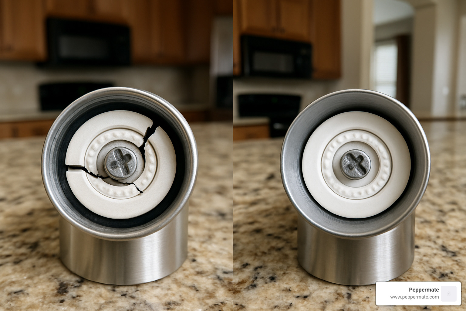 Comparison image showing cracked ceramic mechanism versus intact ceramic mechanism, highlighting proper handling importance - ceramic salt and pepper grinders