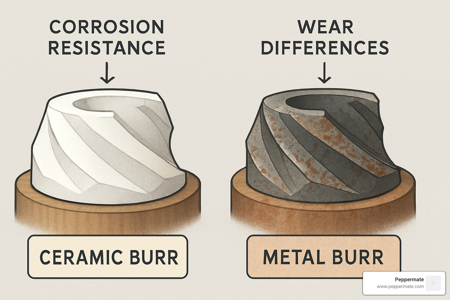Cross-section comparison showing ceramic burrs versus metal burrs, highlighting corrosion resistance and wear patterns - ceramic salt and pepper grinders