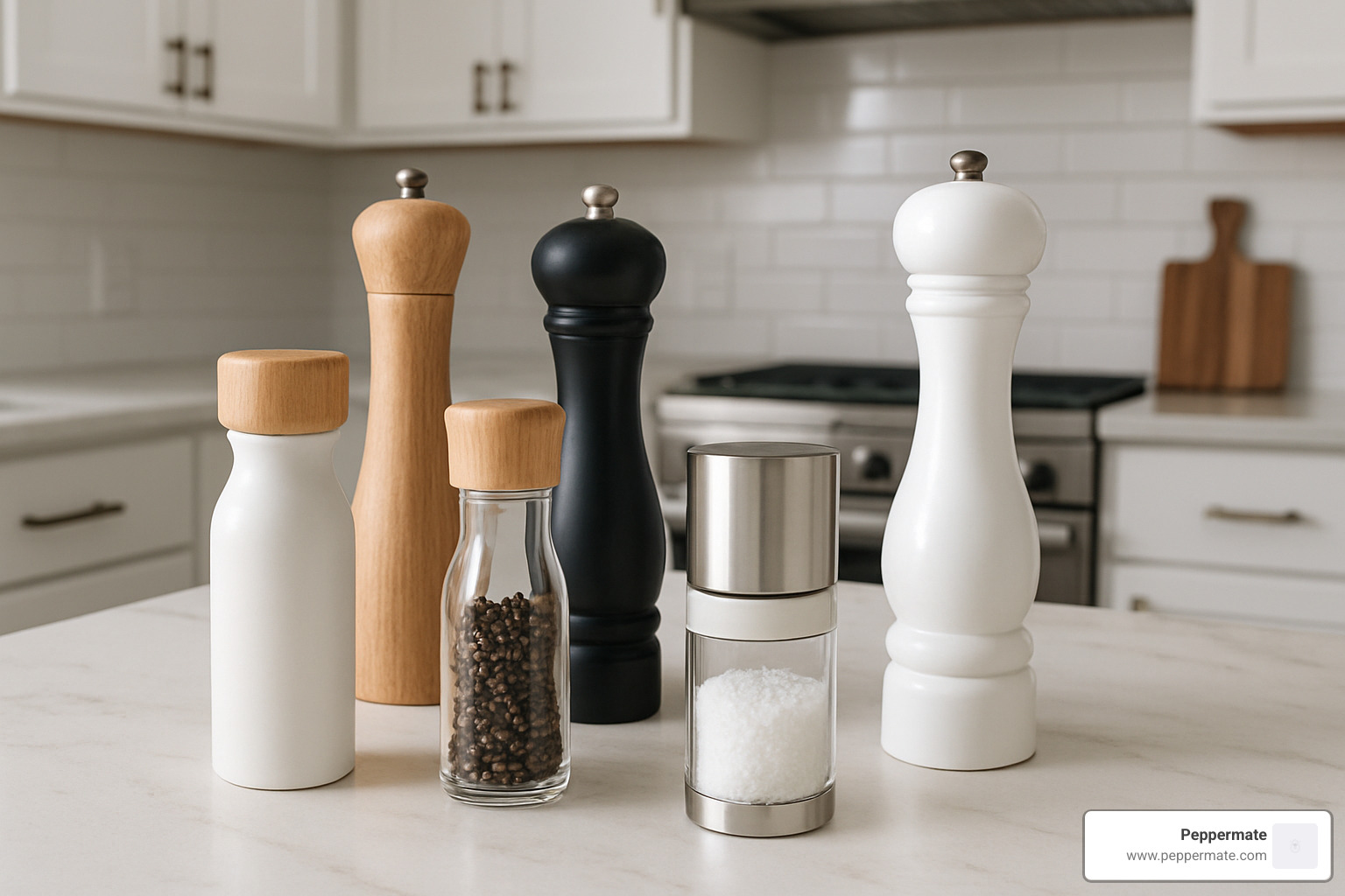 Collection of different ceramic salt and pepper grinder styles showing various sizes, materials, and design aesthetics - ceramic salt and pepper grinders