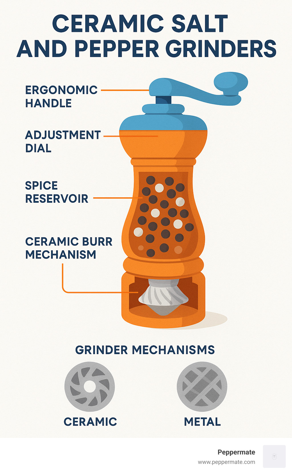 Detailed anatomy of ceramic salt and pepper grinders showing ceramic burr mechanism, adjustment dial, spice reservoir, and ergonomic handle with comparison to metal grinder mechanisms - ceramic salt and pepper grinders infographic 