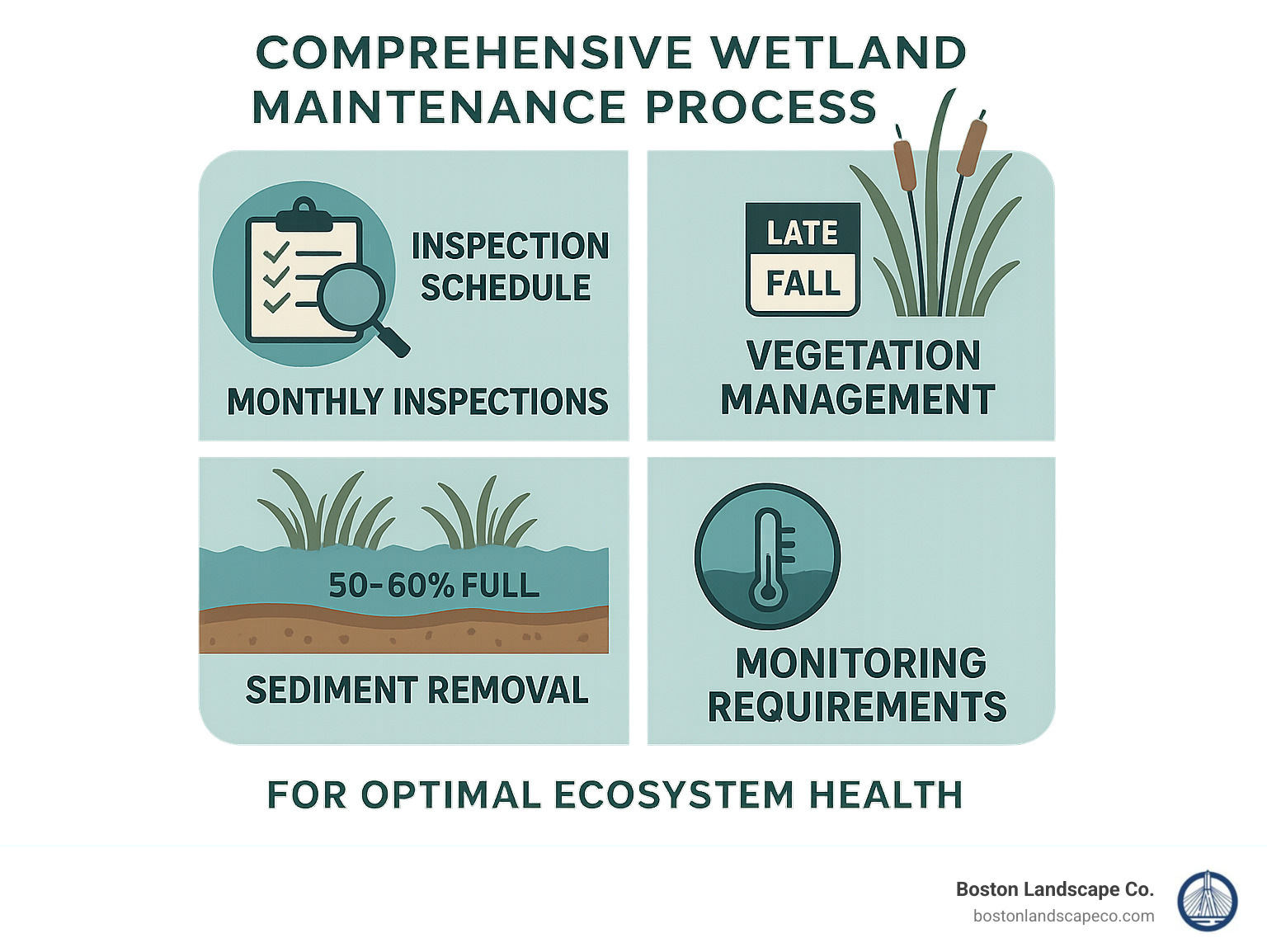 Comprehensive wetland maintenance process showing inspection schedule, vegetation management timeline, sediment removal triggers, and monitoring requirements for optimal ecosystem health - Wetland Maintenance infographic 
