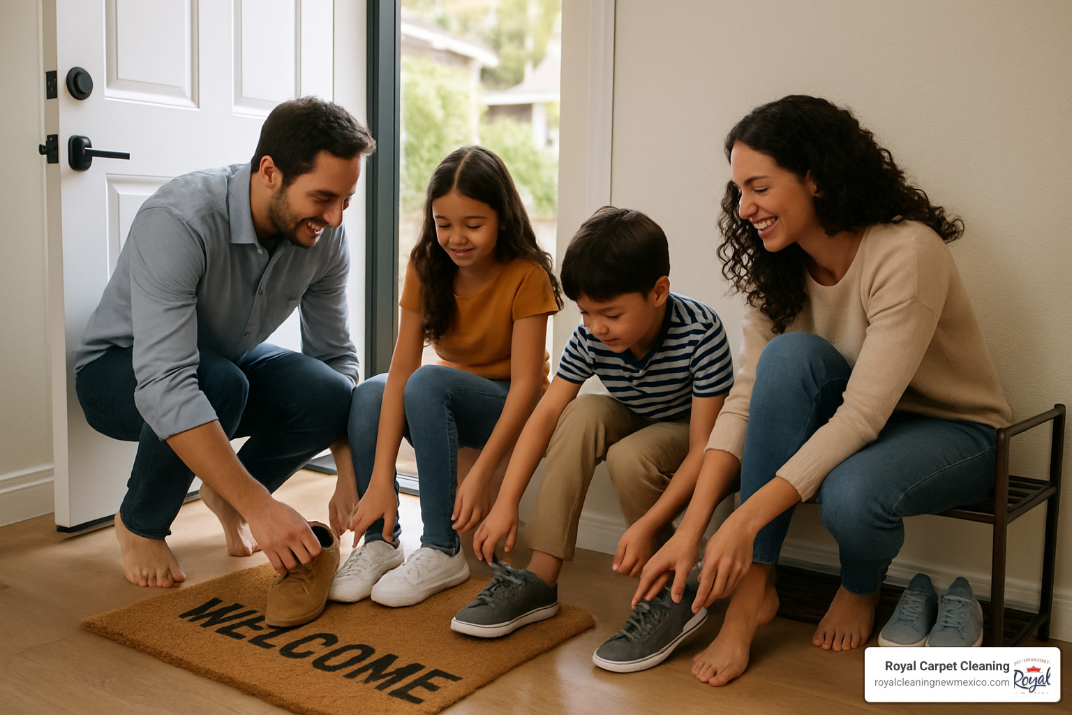 family removing shoes at front door entrance - allergy relief carpet cleaning