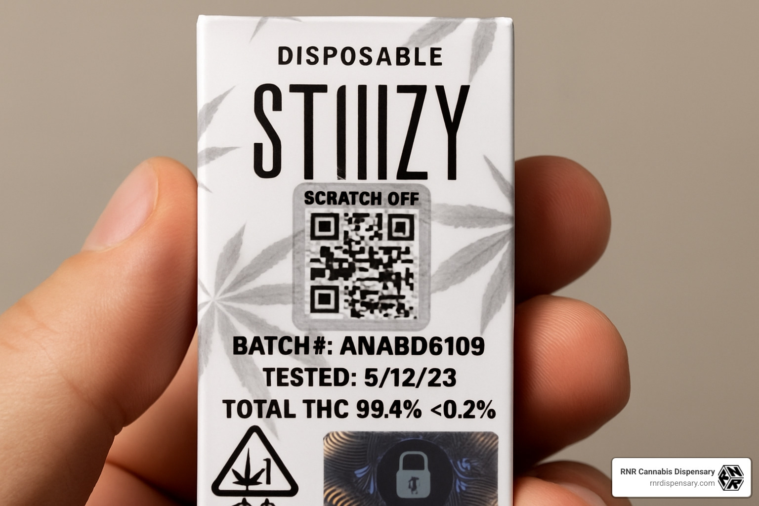 Close-up photograph of authentic STIIIZY packaging showing QR code, batch number, lab testing information, and security features - are stiiizy disposables good