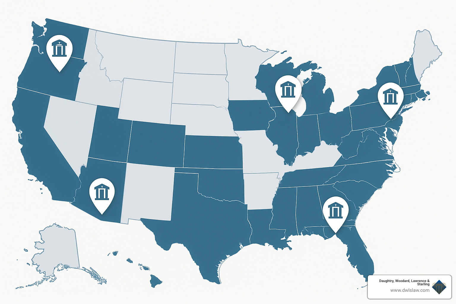 US map highlighting service areas - Top rated divorce attorney