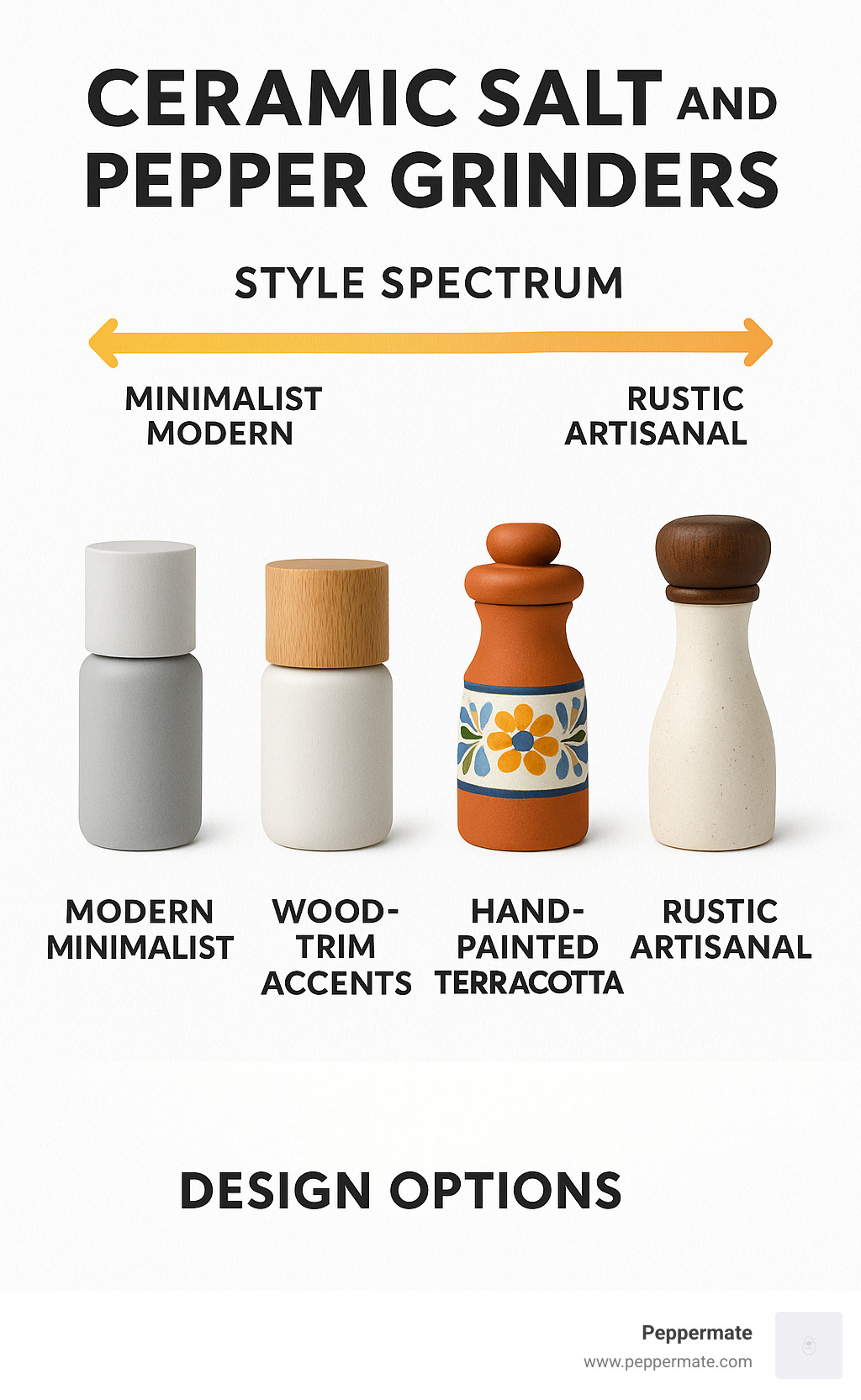 Style spectrum infographic showing ceramic salt and pepper grinder design options from minimalist modern to rustic artisanal, including material combinations and color palettes - ceramic salt and pepper grinders infographic 