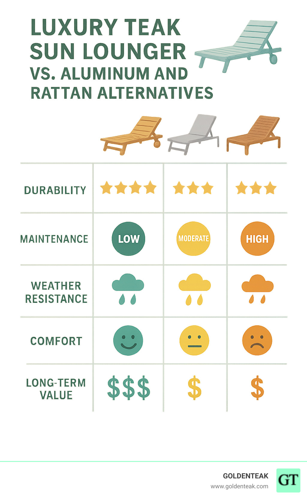Infographic comparing luxury teak sun lounger features versus aluminum and rattan alternatives, showing durability ratings, maintenance requirements, weather resistance, comfort levels, and long-term value - luxury teak sun lounger infographic 
