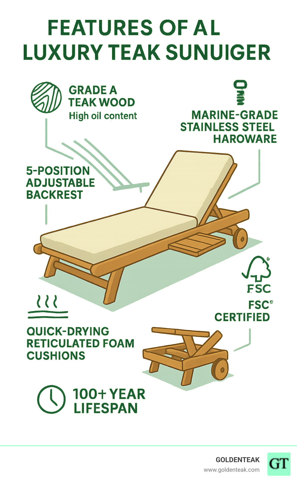Infographic showing luxury teak sun lounger features: Grade A teak wood structure with high oil content, marine-grade stainless steel hardware, 5-position adjustable backrest mechanism, quick-drying reticulated foam cushions, integrated wheels and pull-out side tables, FSC sustainable sourcing certification, and 100+ year lifespan with proper care - luxury teak sun lounger infographic 