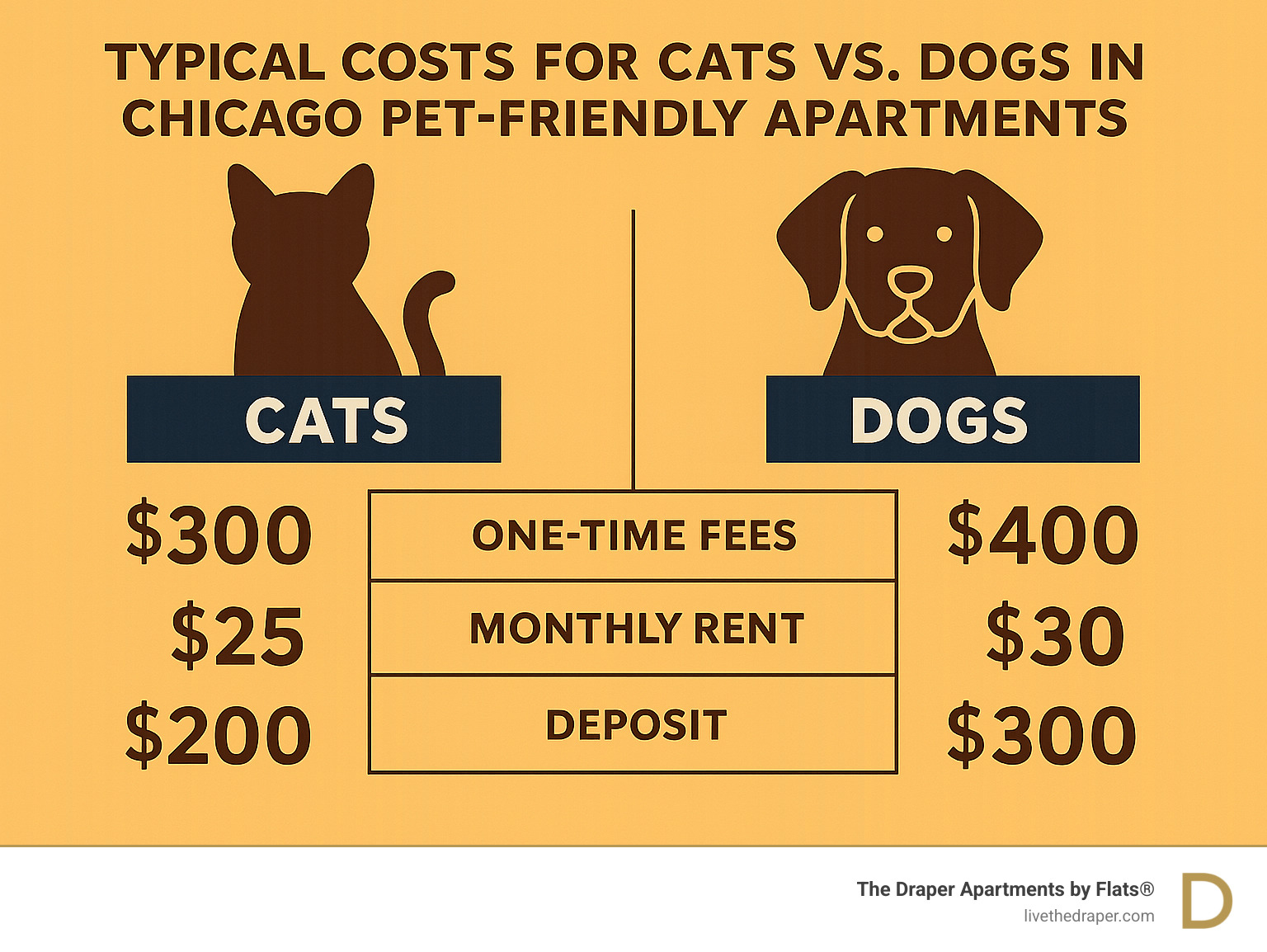 Comparison infographic showing typical costs for cats vs dogs in Chicago pet-friendly apartments, including one-time fees, monthly rent, and deposit differences - pet-friendly apartments chicago infographic 