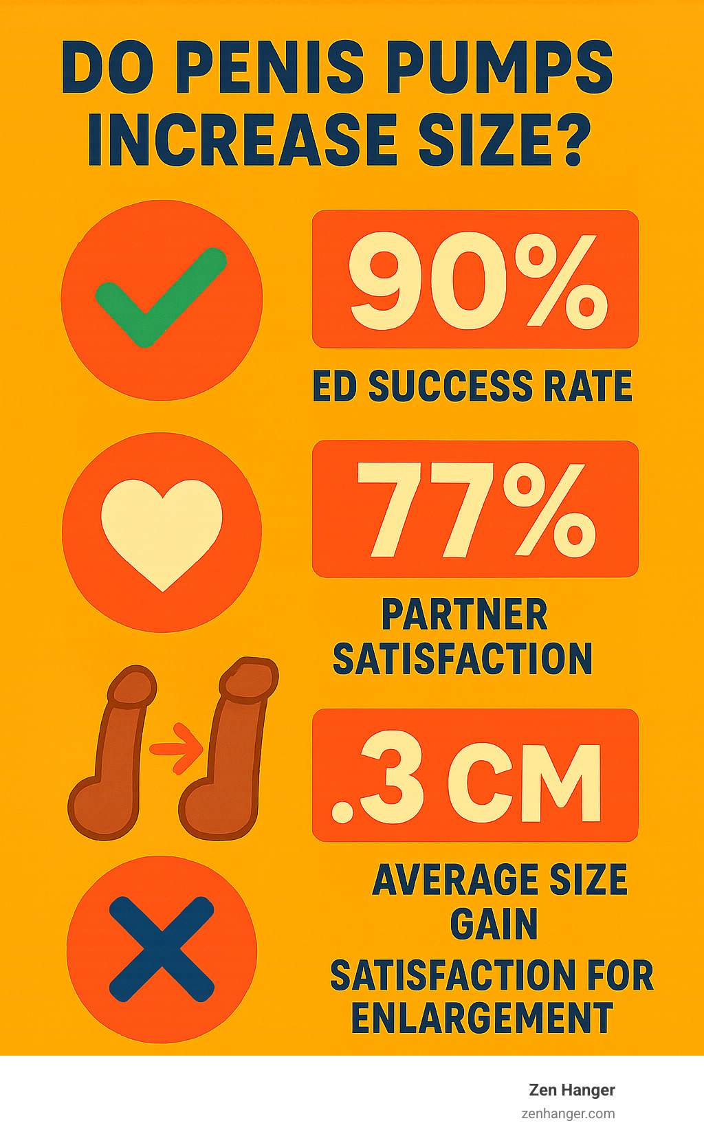 Infographic showing study results: 90% ED success rate, 77% partner satisfaction, 0.3cm average size gain, 30% satisfaction for enlargement - do penis pumps increase size infographic