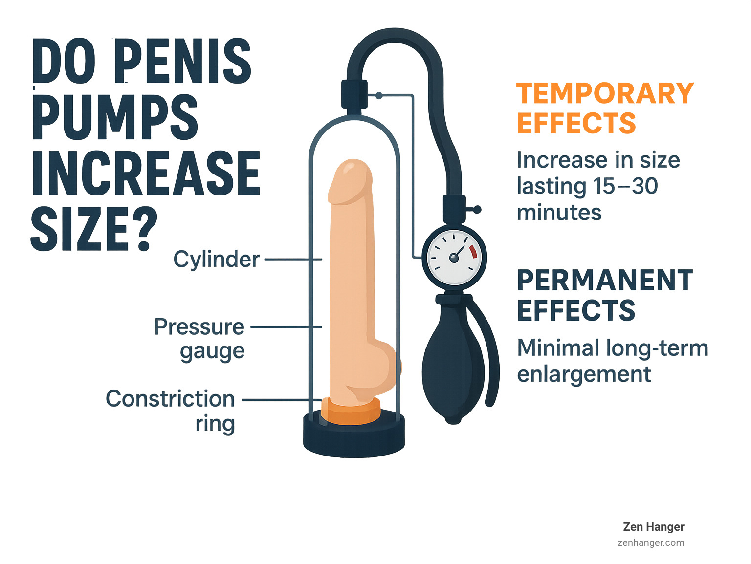 Infographic showing penis pump components including cylinder, vacuum mechanism, constriction ring, and pressure gauge with labels explaining temporary vs permanent size effects - do penis pumps increase size infographic