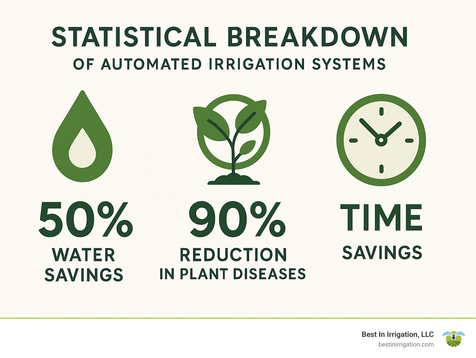 5099b5c0fdc6c624758f2cb039d2778c67b90fc4 DIY Garden Irrigation: Top Systems for Your Green Oasis Statistical breakdown showing 50% water savings, 90% reduction in plant diseases, and time savings data for automated irrigation systems - best diy garden irrigation system infographic