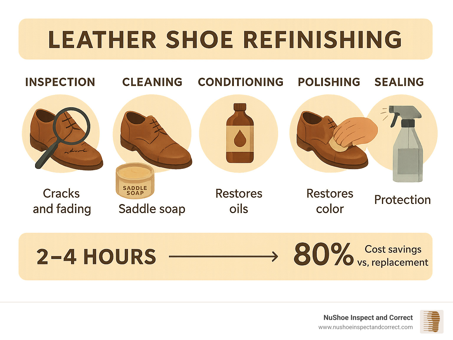 Infographic showing leather shoe refinishing process: inspection phase identifying cracks and fading, cleaning phase with saddle soap application, conditioning phase restoring oils, polishing phase for color restoration, and sealing phase for protection, with timeline showing 2-4 hours total process time and cost savings of 80% versus replacement - leather shoe refinishing infographic 