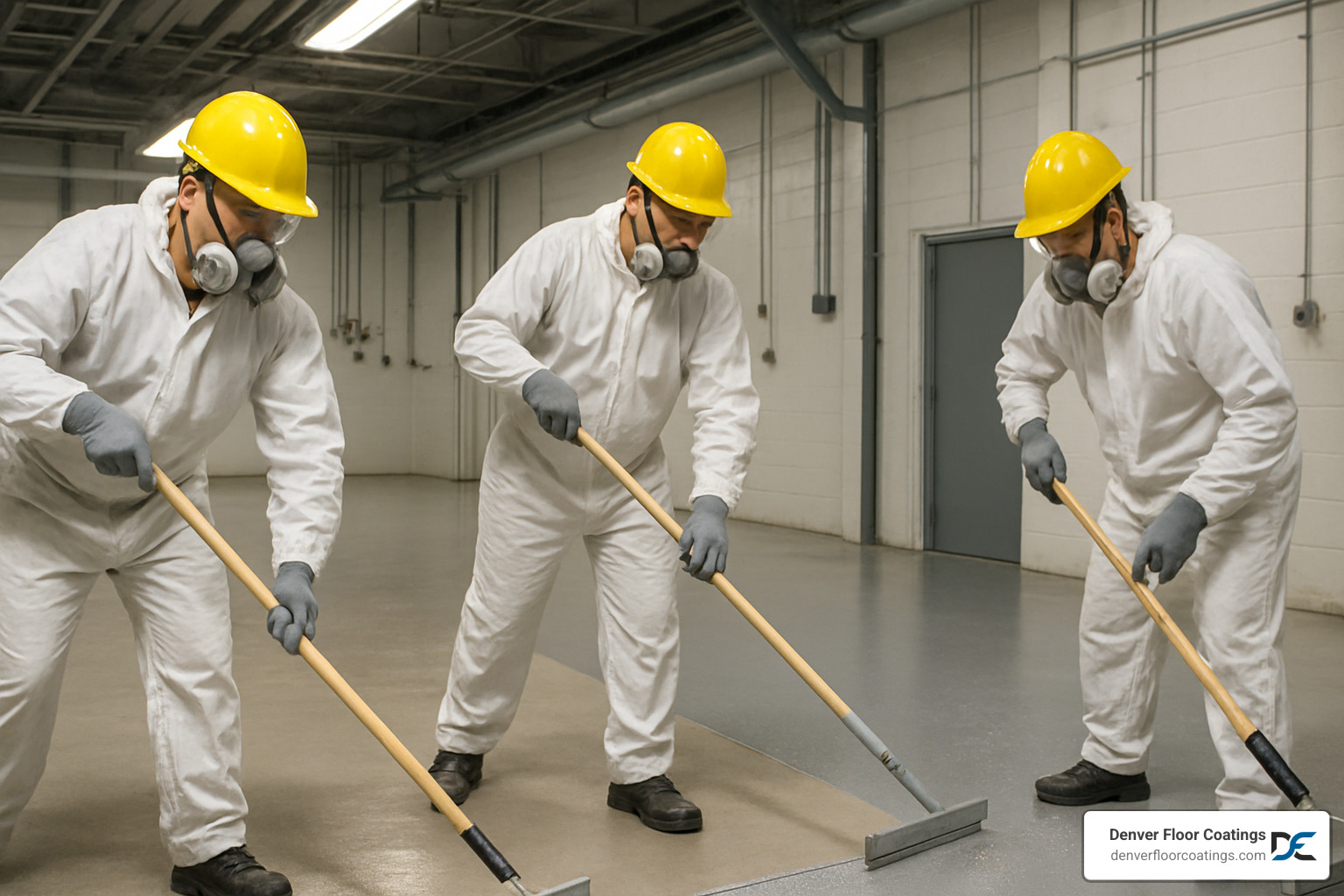 Professional installation team applying commercial floor coating with proper safety equipment and techniques - commercial floor coatings Professional installation team applying commercial floor coating with proper safety equipment and techniques - commercial floor coatings
